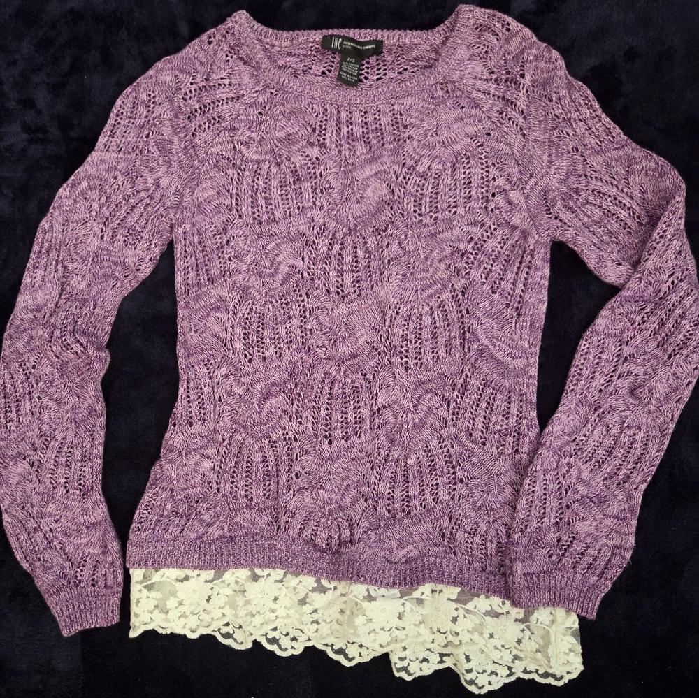 INC International Concepts Purple Sweater with Lace Hem, Size P/S